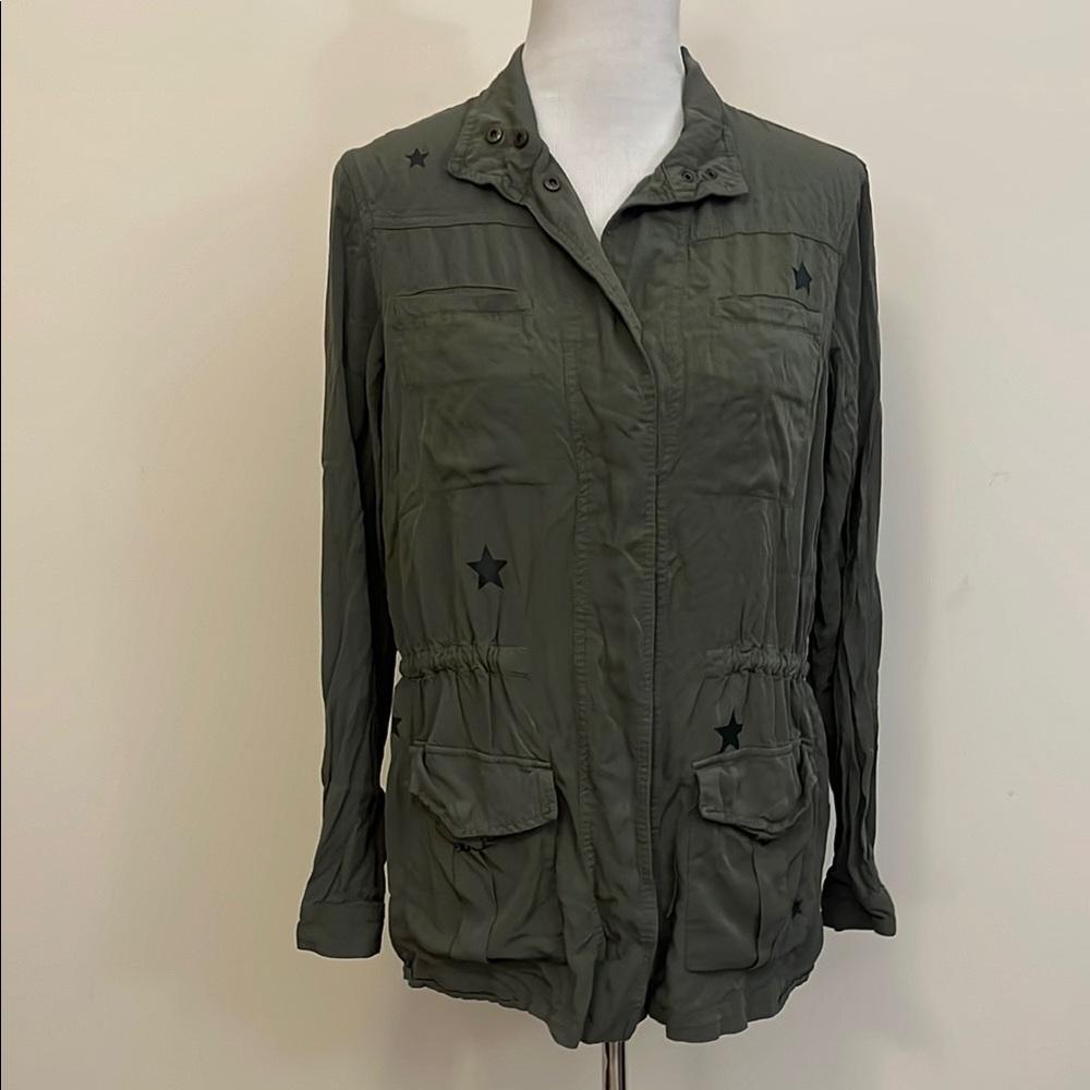 P. J. Salvage Army Green Cinched Waist Long Sleeve Shirt with Black Stars Medium